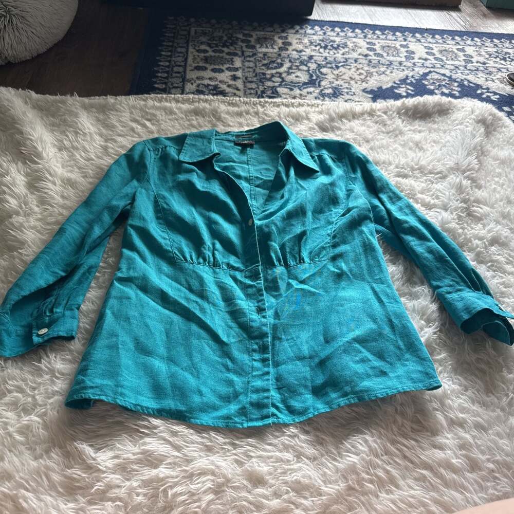 Talbots Pure Irish Linen Button Front 3/4 Sleeve Blouse Turquoise 10P